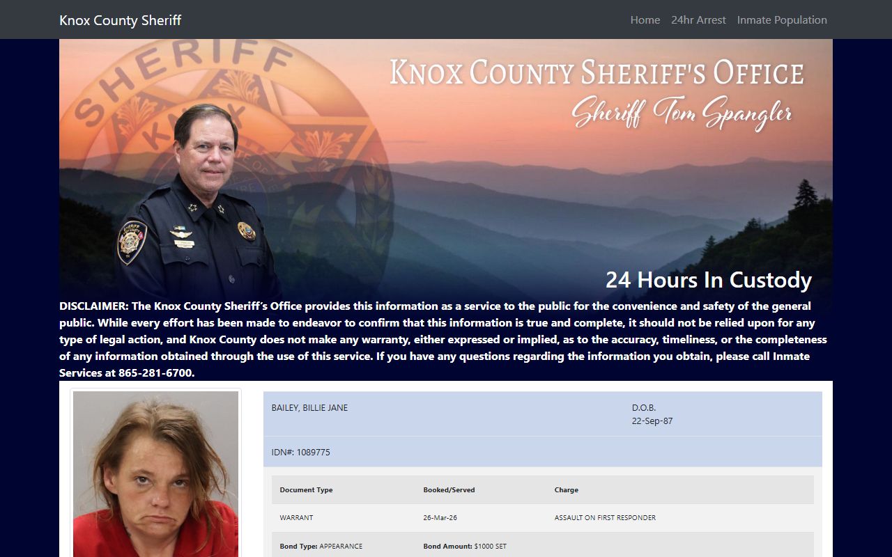 Knox County jail mugshots and sheriff search page