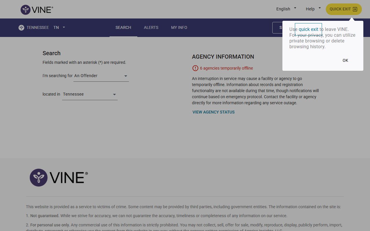 Tennessee Jail Mugshots custody status search through VINELink
